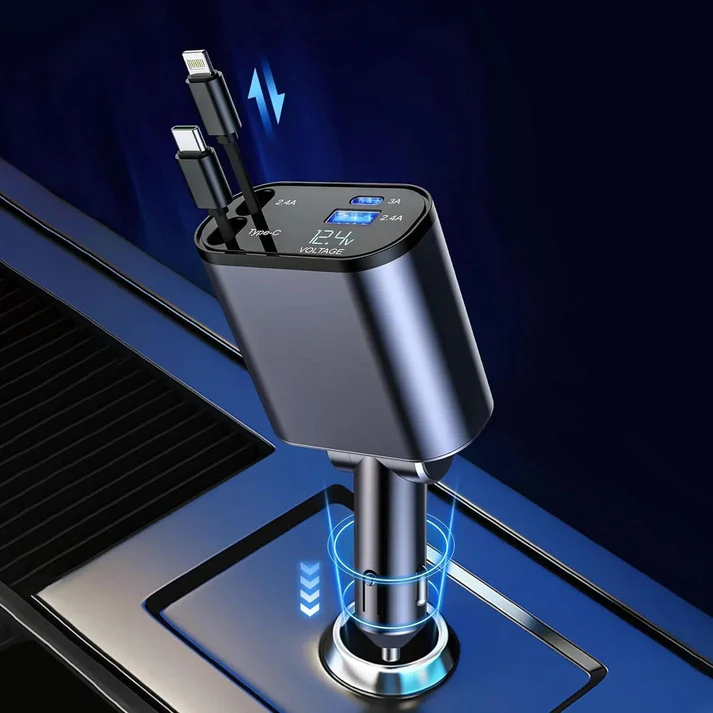 Retractable 4in1 Fast Car Charger with 1 year Return Warranty