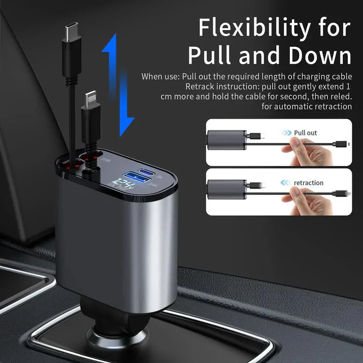 Retractable 4in1 Fast Car Charger with 1 year Return Warranty
